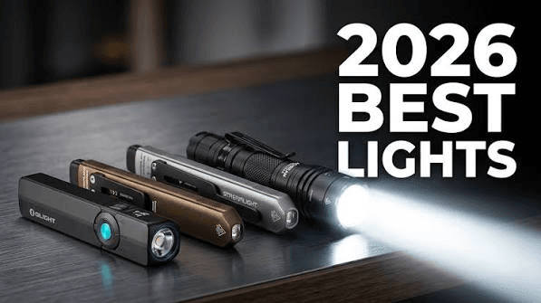 Best lights 2026 cover showing several flashlights on a table with one beam turned on