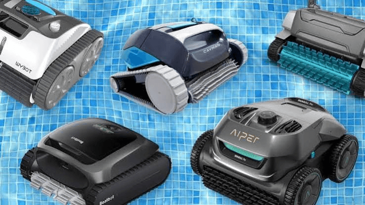 Five robotic pool cleaners arranged over a blue tiled swimming pool