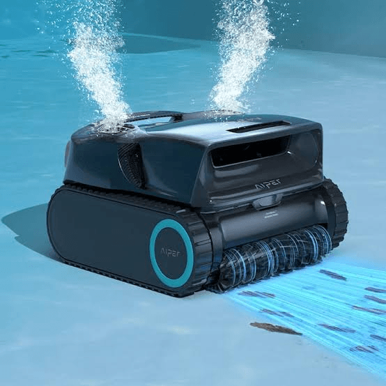 Aiper robotic pool cleaner brushing debris from the floor underwater