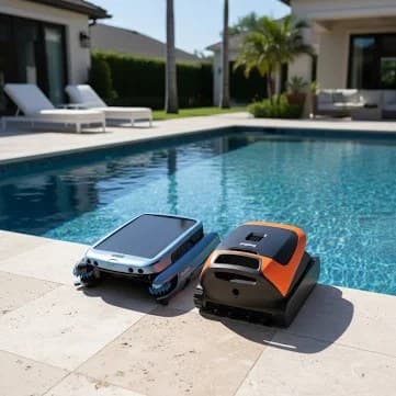 Betta solar pool skimmer and Aiper robotic pool cleaner beside a residential pool