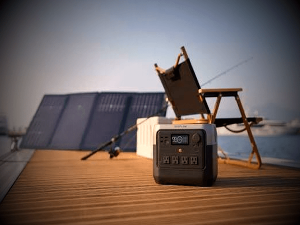Portable power station and foldable solar panel set up on a fishing dock