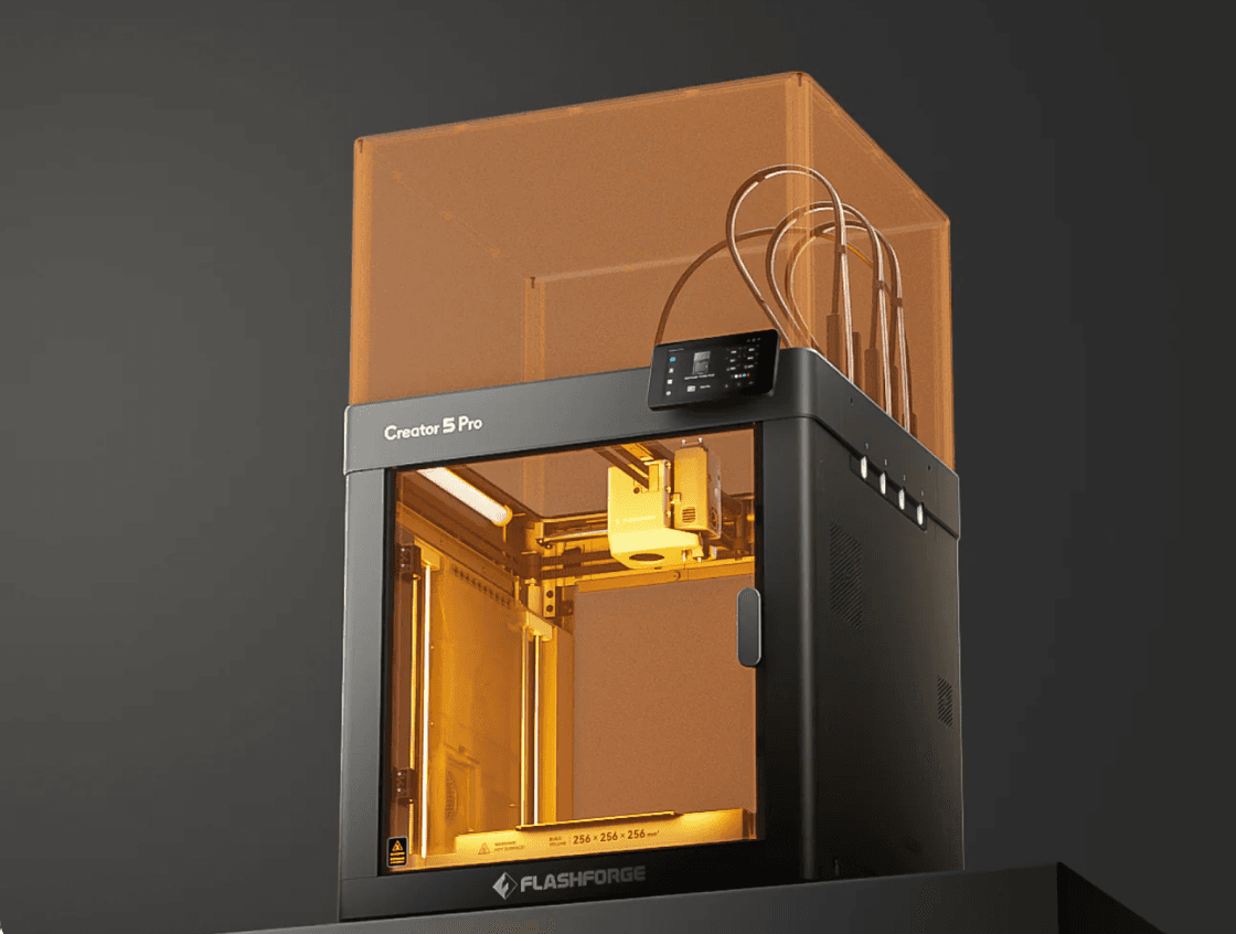Flashforge Creator 5 Pro enclosed 3D printer with illuminated chamber