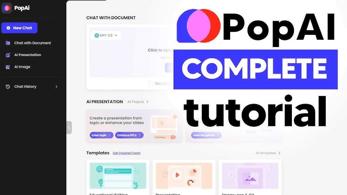 PopAi complete tutorial cover showing the dashboard with Chat with Document, AI Presentation, and templates