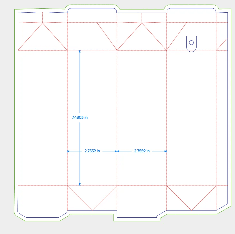 Pacdora box dieline template with cut, fold, and bleed lines labeled in inches