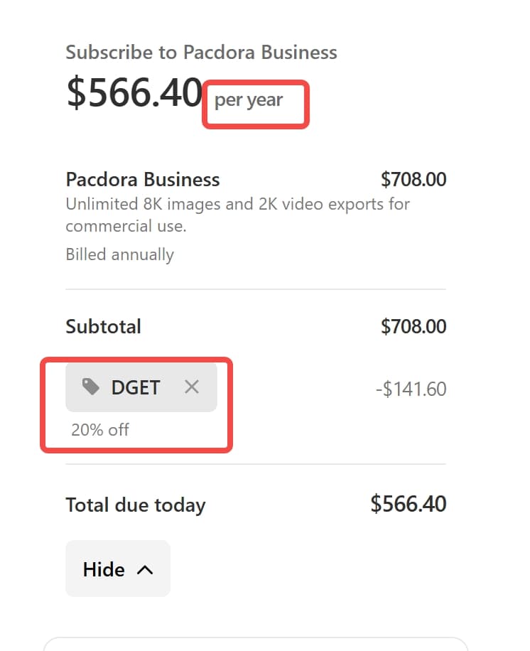 Pacdora Business yearly checkout with code DGET applied for 20% off ($708.00 to $566.40)