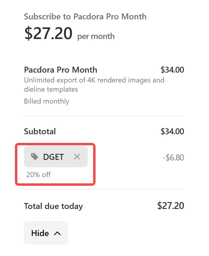 Pacdora Pro monthly checkout with code DGET applied for 20% off ($34.00 to $27.20)
