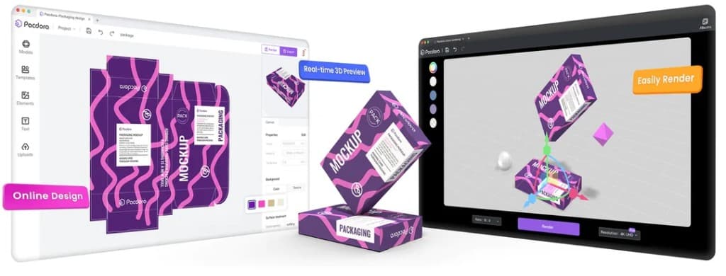 Pacdora workflow from online design to real-time 3D preview and 4K render
