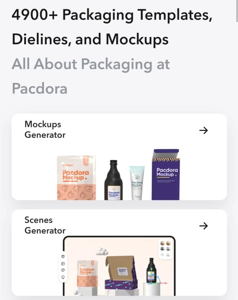 Pacdora packaging templates with mockups generator and scenes generator
