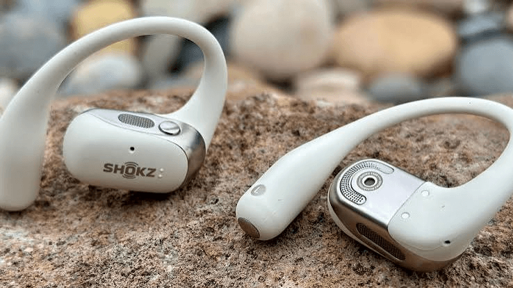 Close-up of Shokz OpenFit 2 open-ear speaker design and outer housing details
