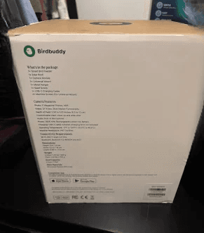 Birdbuddy Smart Bird Feeder Pro package contents and camera specifications on the product box