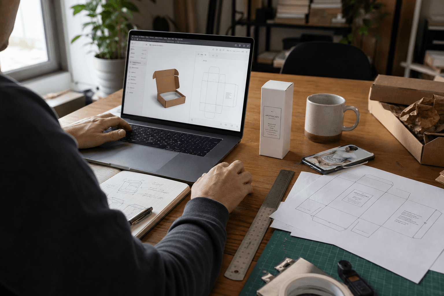 Designer desk with packaging mockup generator on laptop, dieline printouts, and product box sample