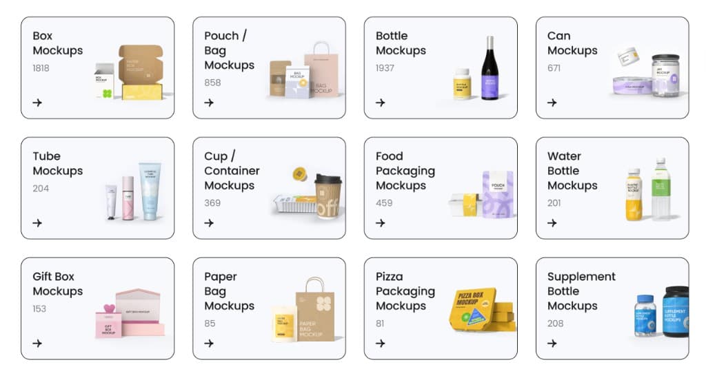 Pacdora packaging mockup categories including boxes, pouches, bottles, cans, tubes, and gift packs
