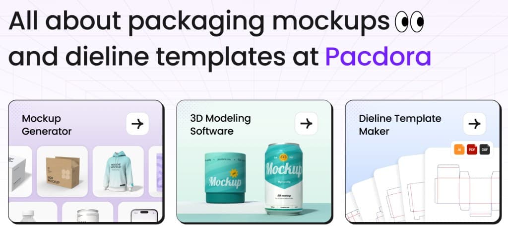 Pacdora packaging mockups, Mockup Generator, 3D Modeling Software, and Dieline Template Maker overview