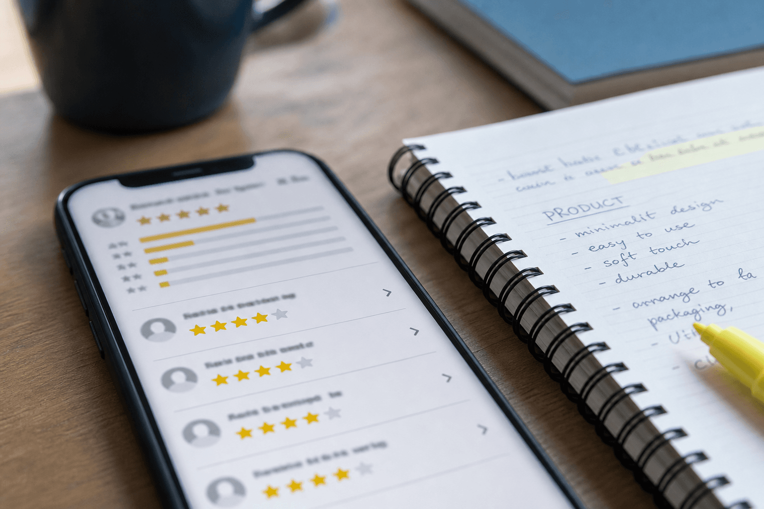 Review notes and rating research on a desk
